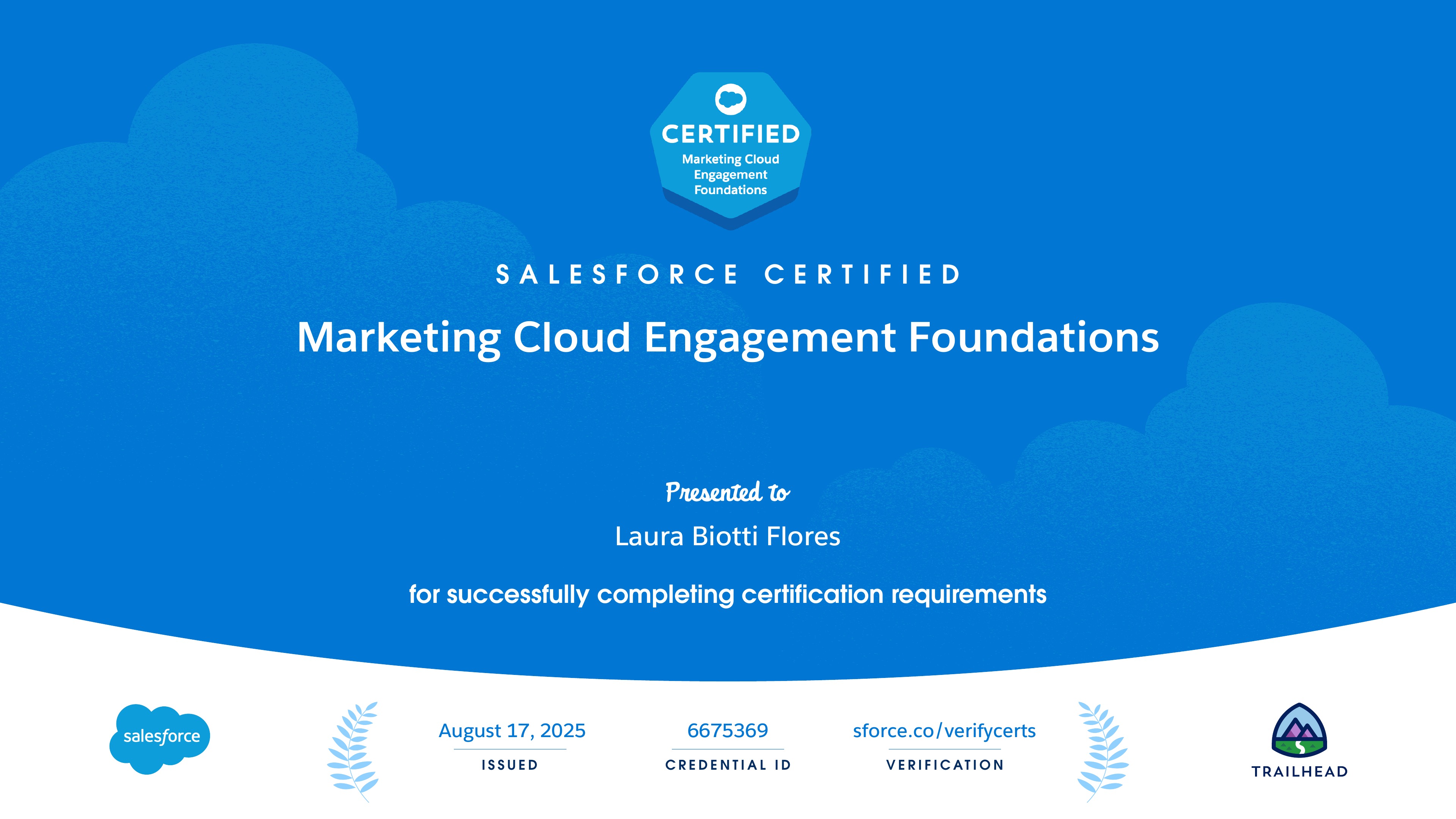 Certificado Salesforce Marketing Cloud Engagement Foundations otorgado a Laura Biotti Flores